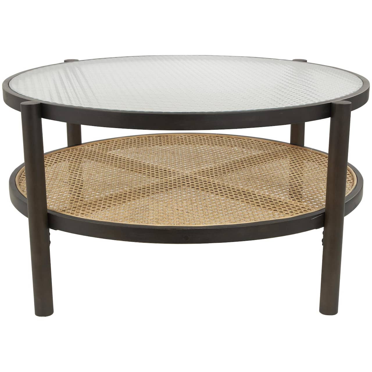34" Brown Rattan Coffee Table with Pressed Tempered Glass Top